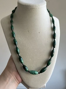 Vintage Malachite Elongated Bead Hematite Accent Bead Necklace 20” Elegant - Picture 1 of 6