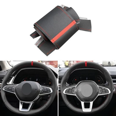Black+Red Leather For Renault Clio 5 V Zoe Captur 2019 2020 Steering Wheel Cover - Image 1 of 4