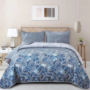 Blue Floral Quilt Set Bedding 3 Piece Oversize Soft Microfiber Home Decor Gift - Picture 1 of 15
