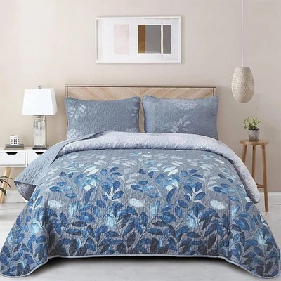Blue Floral Quilt Set Bedding 3 Piece Oversize Soft Microfiber Home Decor Gift - Image 1 of 4