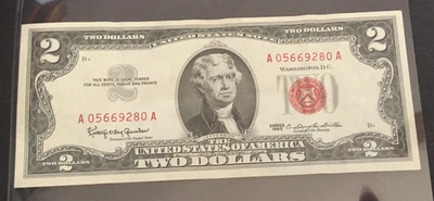 1963 $2.00 TWO DOLLAR RED SEAL NOTE uncirculated AA block - Image 1 of 2