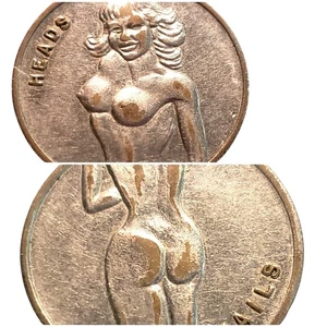 Nude Flip Coin Heads Tails Token Silver Tone Round Vintage 1980s - Picture 1 of 4