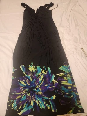 Vestido Maggy London Talla 10 Negro Maxi Cuello en V Acanalado Volantes Floral Sin Mangas Cremallera Foto 1 de 4