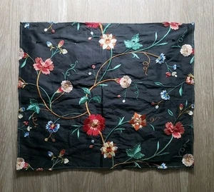 Van Lathem , 100% Silk, India, 25 X 27", Black Floral Embroidery Fabric AS IS - Picture 1 of 6