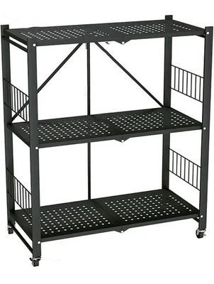 Folding Storage Shelves 3-Tier Metal Foldable Shelf Shelving Rack Rolling Wheel - Image 1 of 4