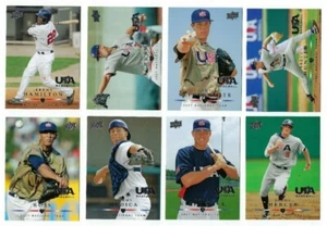LOTE DE 8 TARJETAS INSERTADAS DEL EQUIPO NACIONAL DE EE. UU. UD 2008 CASI NUEVO CUBIERTA SUPERIOR BÉISBOL - Imagen 1 de 2