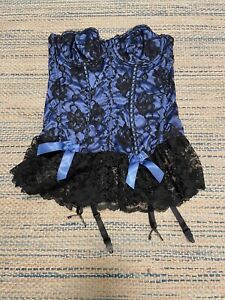 Fredericks of Hollywood Womens Long Line Bustier Size 36 Blue Black Lace Sexy
