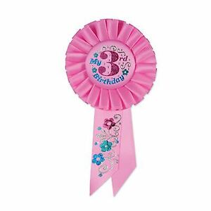 PINK "MY 3RD BIRTHDAY" SATIN ROSETTE BIRTHDAY BADGES PARTY ACCESSORIES - 16CM