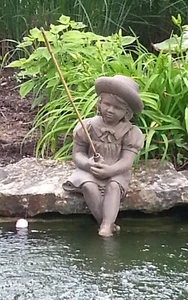 Cast Stone Small Fishing Girl Statue-sculpture-pond/garden-Classic Iron - Picture 1 of 5