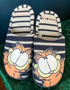 Garfield "Feelin Good" Slippers, Navy & Grey Striped, Slip On Hard Soled Bottoms - Picture 1 of 21