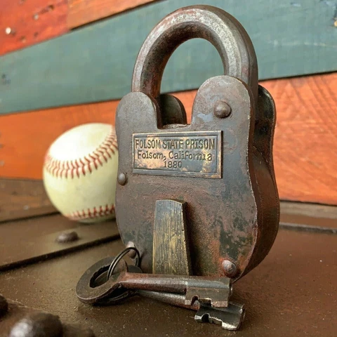 Folsom California State Prison Padlock Antique Finish Cast Iron Lock Brass Tag Cover