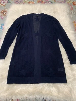 Talbots Open Knit Navy Blue Stars Long Cardigan Sweater Celestial Petite P XS - Image 1 of 4