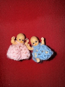 Antique Miniature Rubber Twin Dolls with Crochet Outfit 1" Tiny Lot 2 Blue Pink - Picture 1 of 2