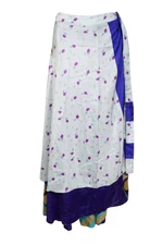 Boho Wrap Skirt Handmade Sari Silk White Purple Blue Printed Gypsy Wrap Skirts