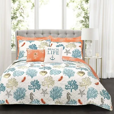 Coral Starfish Beach Life Coastal 7pc Quilt Coverlet Set Full Queen King Bedding - Image 1 of 4