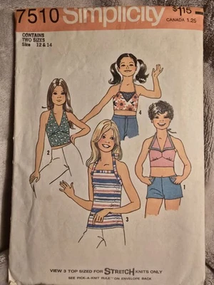 Vintage 1976 Simplicity 7510 Girls' Halter Tops Uncut Size 12-14 Sewing Pattern  - Image 1 of 2