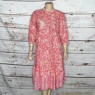 Vestido Camisa Midi Zara Nuevo con Etiquetas Talla XL Rojo y Rosa Estampado Ikat Volantes Dobladillo Foto 1 de 4