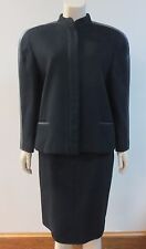 VINTAGE GENNY Black Wool Leather Trim Skirt Jacket Suit US 8 GREAT DEAL