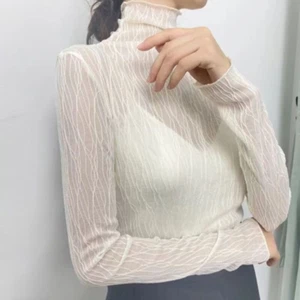 Lady Slim Mesh Lace Shirt Tops Turtle Neck Blouse T-shirts Sheer Basic Floral  - Picture 1 of 16