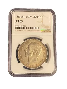 SPAIN, Alfonso XII, 5 Pesetas 1884 MS-M, NGC AU53 KM 688 - Picture 1 of 2