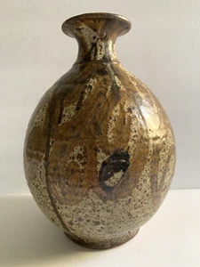 Vintage Mid Century Stoneware Pottery Weed Pot Vase Speckled Glaze Signed 10" - Picture 1 of 10