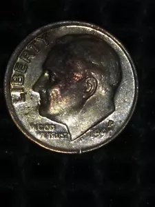 1990 P Roosevelt Dime Error Off-Center And Toned or Missing Clad Layer - Picture 1 of 6