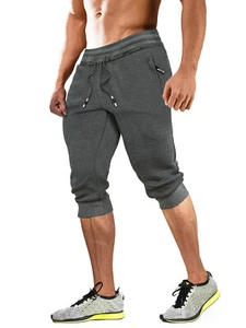 Men's Joggers Running Shorts Gym Workout Fitness Athletic Fit 3/4 Length Pants - Picture 1 of 54