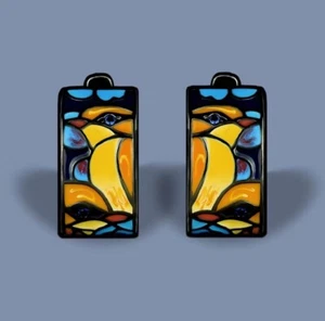 Yellow Blue Enamel Bird Design Huggie Earrings Black Gun Plated - Picture 1 of 2