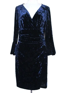 Lauren Ralph Lauren Midi Dress Sz 12 Midnight Blue Crushed Velvet Bell Sleeves - Picture 1 of 7