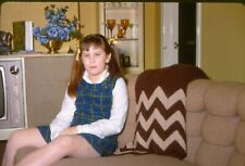 vtg 35mm slide girl tartan dress pig tails hair by old television tv couch