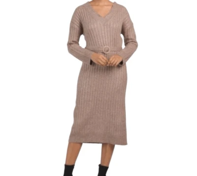 Vestido Suéter Tahari Midi Pequeño Marrón Tostado Acanalado Tejido Manga Larga Cinturón Ajustado Foto 1 de 4