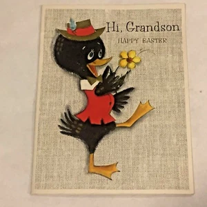 VTG 1967 Embossed HALLMARK Anthropomorphic Black Duck Straw Hat Easter Card - Picture 1 of 8