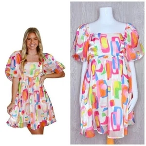 Peach love rainbow sheer print puff short sleeve midi dress with under slip sm - Picture 1 of 9