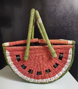 Wicker Watermelon Picnic Basket Black Bead Seeds Double Handles Metal Hinged - Picture 1 of 24