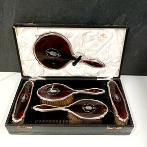 Antique 1920s Three piece Sterling Silver Faux Tortoiseshell Dressing Table Set - Picture 1 of 17