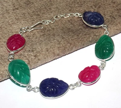 Pulsera Tallada Rosa y Azul Hoja de Calcedonia Verde Ónix Piedras Preciosas 8" GW Foto 1 de 3