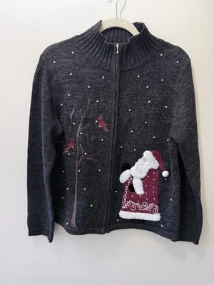 Vintage Grandma Christmas Winter Sweater Santa Red Zip Cardinal Embroidered M - Image 1 of 4