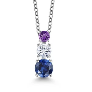 Rhodium Plated 3 Stone Pendant for Women & Chain Created Sapphire Moissanite - Picture 1 of 3