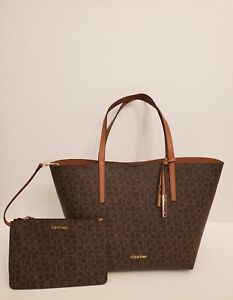 Calvin Klein Womens Large Tote Handbag Bonus Zip Pouch CK Logo Brown Gold