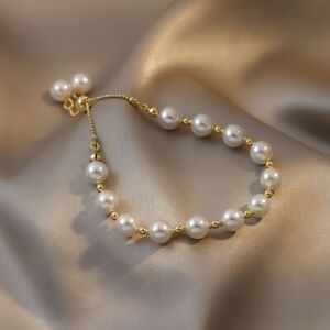 7.5-8" Beautiful AAA Akoya Real Natural White Pearl Bracelet Yellow Gold P
