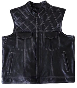 Motorcycle Vest Double Criss-Cross Stitched Motorbike Zipper Leather Riding Vest - Picture 1 of 5