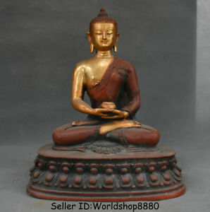 10.8" Old Tibet Buddhism Red Bronze Gilt Seat Shakyamuni Amitabha Buddha Statue