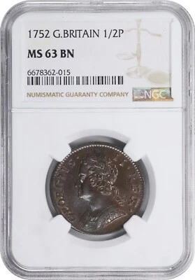 ENGLAND GEORGE II 1752 1/2D HALF PENNY COIN, UNCIRCULATED NGC CERTIFIED MS63-BN - Image 1 of 4