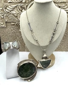 Native Sterling Silver Set Raw Green Opal Necklace Brooch Earrings 86g OOAK - Picture 1 of 17