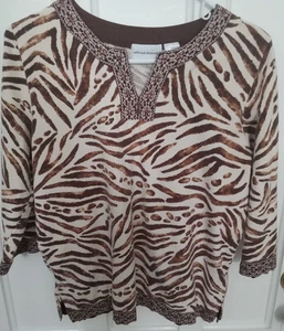 Top Pet ALFRED DUNNER 3/4Sl Marrón/Blanco Estampado Animal Cuello en V Mezcla de Algodón PM - Imagen 1 de 7