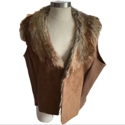 Revue Women Brown Suede Cream Faux Fur Trim & Lining Sleeveless Vest Sz 3XL - Image 1 of 4