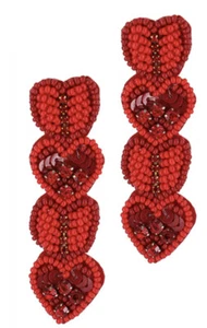VALENTINES 4 RED HEARTS REPEATING RHINESTONE SEED BEED DANGLE EARRINGS - Picture 1 of 1