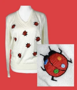 LADY BUG PATCH VTG KNIT SWEATER HIPPIE MOD WHIMSICAL GRANNY SHABBY CHIC CUTE! - Picture 1 of 13