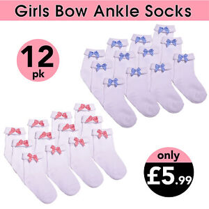 Girls Bow Ankle Socks 12 Pairs School Socks Red Bow Blue Bow Socks White