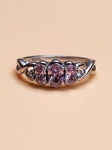 3 Pink Cubic Zirconia Gems 925 Sterling Silver 2 Clear CZ Size 6¾ Ring Sparkling